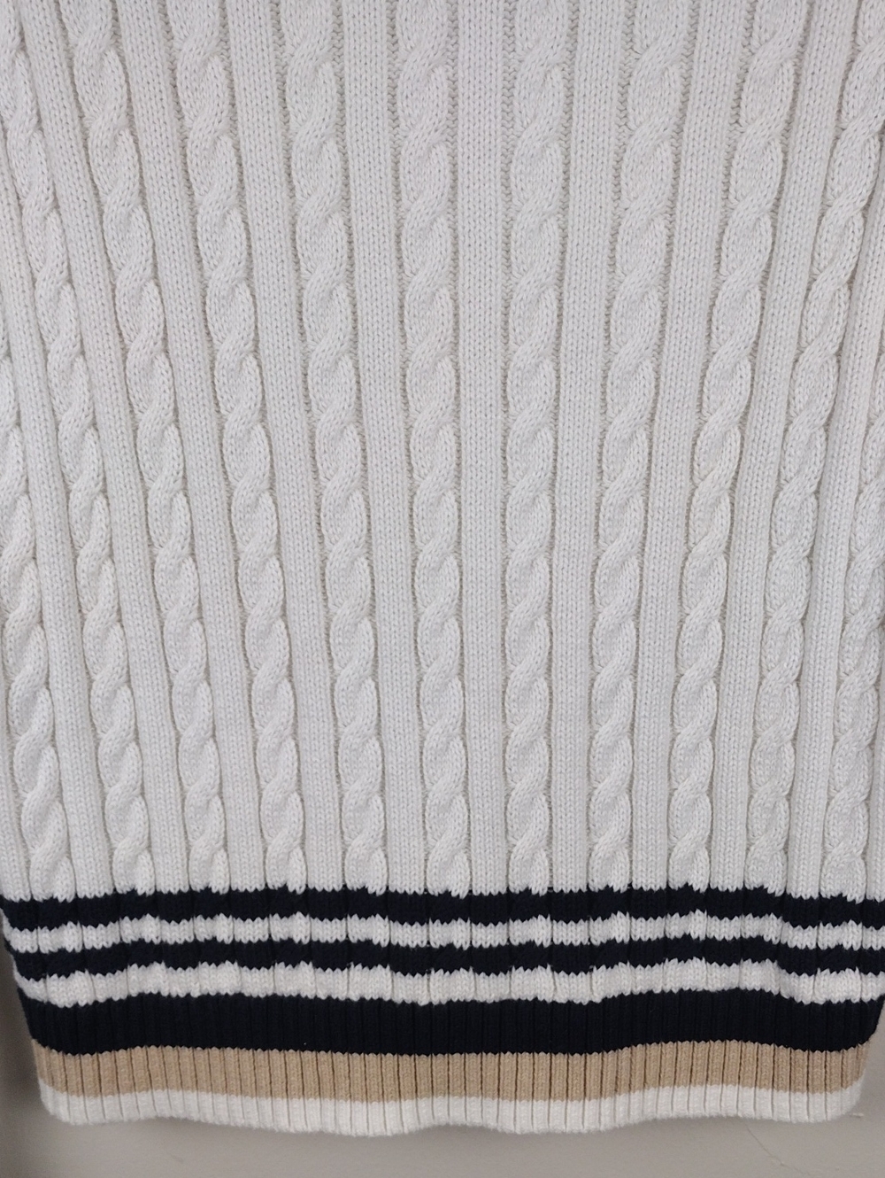 Tommy Hilfiger White Cable Knit Navy Striped Hem Crewneck Long Sleeve Sweater - Picture 9 of 12